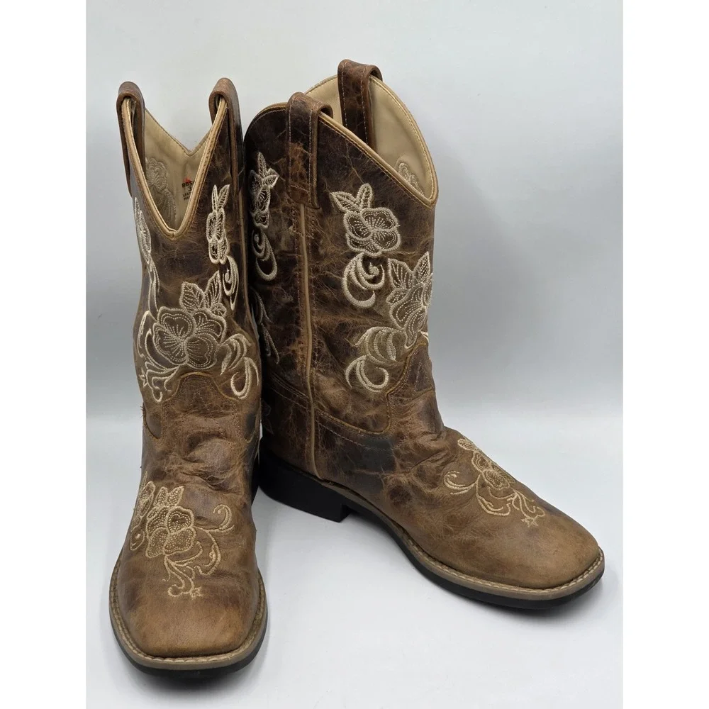 Shyanne Girls Brown Distressed Leather Floral Embroidered Cowboy Boots Size 3 D